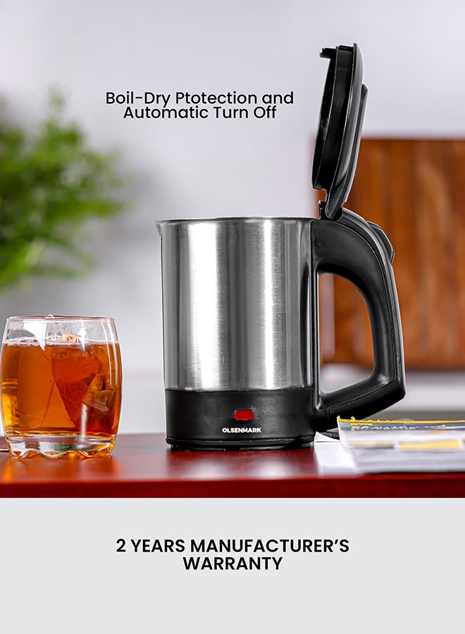 Olsenmark Electric Stainless Steel Kettle with Boil-Dry Protection, Automatic Turn Off, Portable & Compact Design, Indicator Light and Concealed Heating Element 500 ml 1000 W OMK2048NM Silver/Black - Image 5