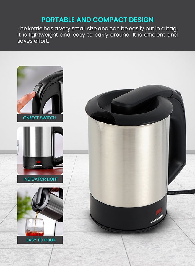 Olsenmark Electric Stainless Steel Kettle with Boil-Dry Protection, Automatic Turn Off, Portable & Compact Design, Indicator Light and Concealed Heating Element 500 ml 1000 W OMK2048NM Silver/Black - Image 3