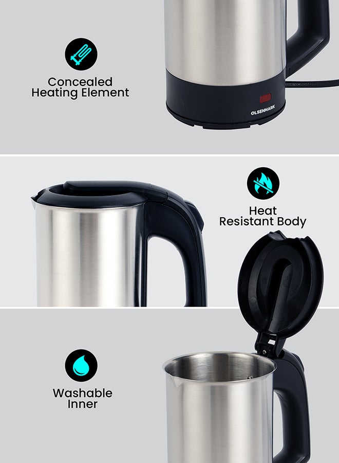 Olsenmark Electric Stainless Steel Kettle with Boil-Dry Protection, Automatic Turn Off, Portable & Compact Design, Indicator Light and Concealed Heating Element 500 ml 1000 W OMK2048NM Silver/Black - Image 4