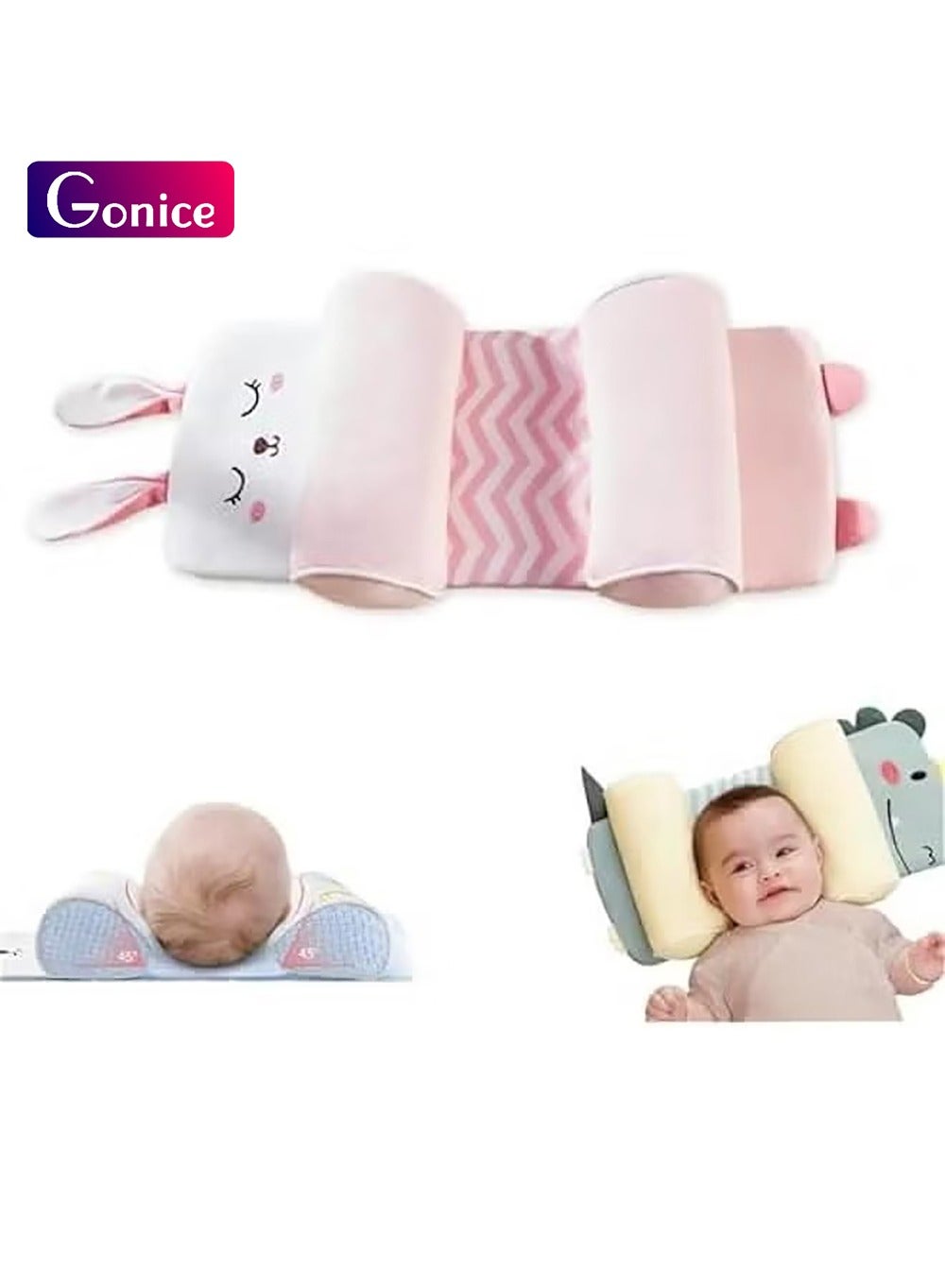 Baby Head Shaping Pillow, Nursing Pillow to Prevent Flat Head, Baby Head Pillow,Flat Head Baby Pillow, Baby Sleeping Pillow, Baby Pillows for Sleeping for 0-3 Years (Pink Rabbit)