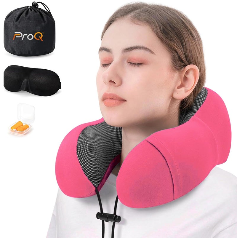 ProQ Neck Pillow for Travelling - Travel Pillow for Flights - Memory Foam Neck Pillow - Travel Neck Rest Pillows - Traveling Pillow for Men, Women Travelling Accessories, Lightweight, Portable, Pink - Image 1