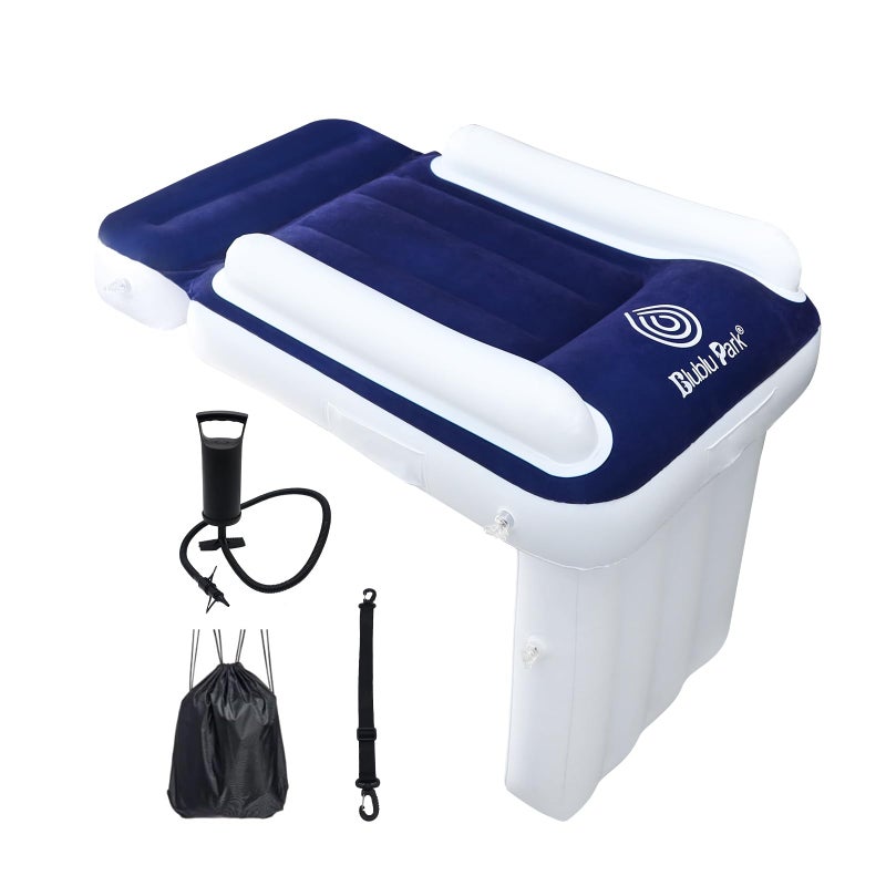 Blublu Park سرير بلوبلو بارك للأطفال على شكل طائرة سرير قابل للنفخ للأطفال مع جوانب حزام مضخة هواء يناسب مقاعد الطائرة والسيارة والقطار باللون الأزرق