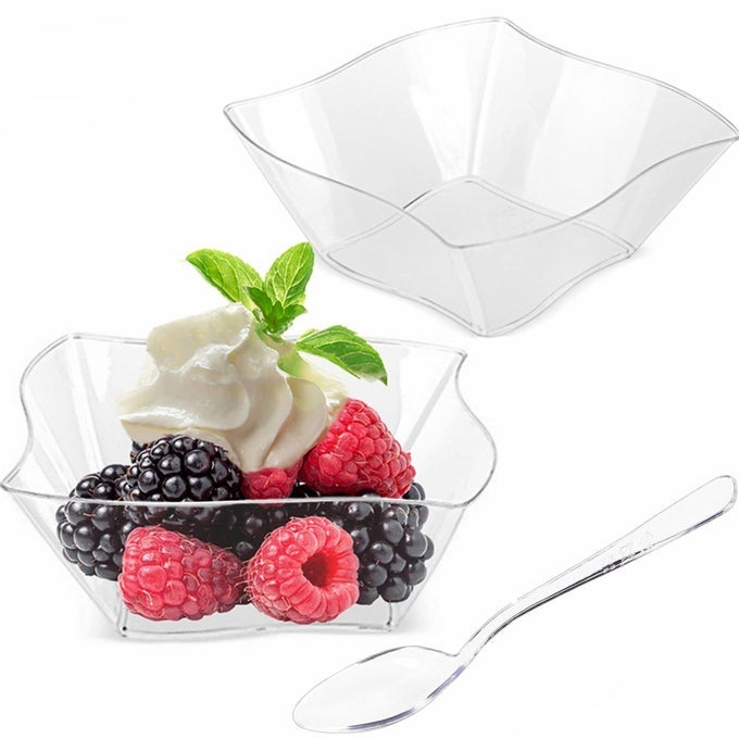 50CT 5 OZ SMALL PLASTIC DESSERT CUPS WITH SPOONS CLEAR APPETIZER CUPS FOR PARTIES MINI SERVING BOWLS HORS DOEUVRES PLATES