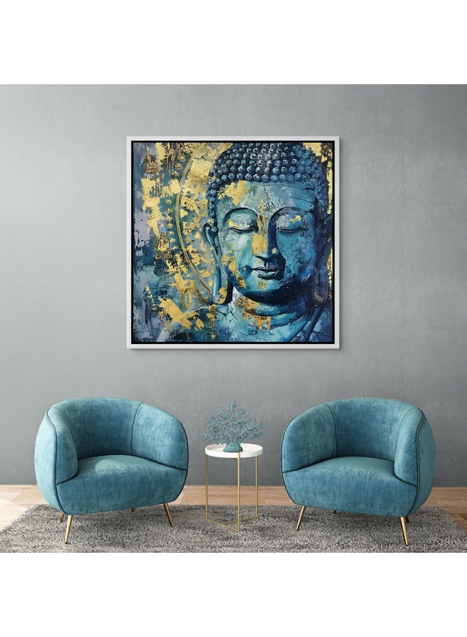 Art Decor Framed Canvas Blue and Gold Buddha Square Spiritual Meditative Print Wall Décor for Home Living Room Bedroom Office Gifting