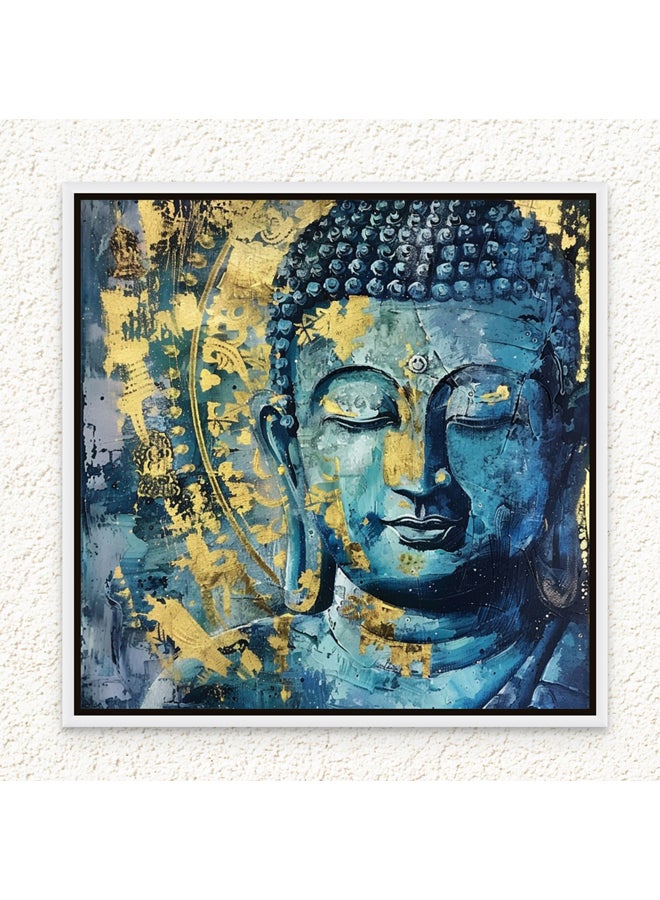 Art Decor Framed Canvas Blue and Gold Buddha Square Spiritual Meditative Print Wall Décor for Home Living Room Bedroom Office Gifting