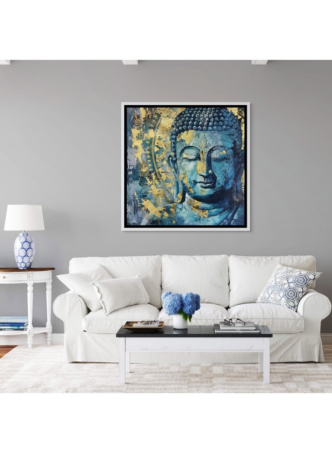 Art Decor Framed Canvas Blue and Gold Buddha Square Spiritual Meditative Print Wall Décor for Home Living Room Bedroom Office Gifting