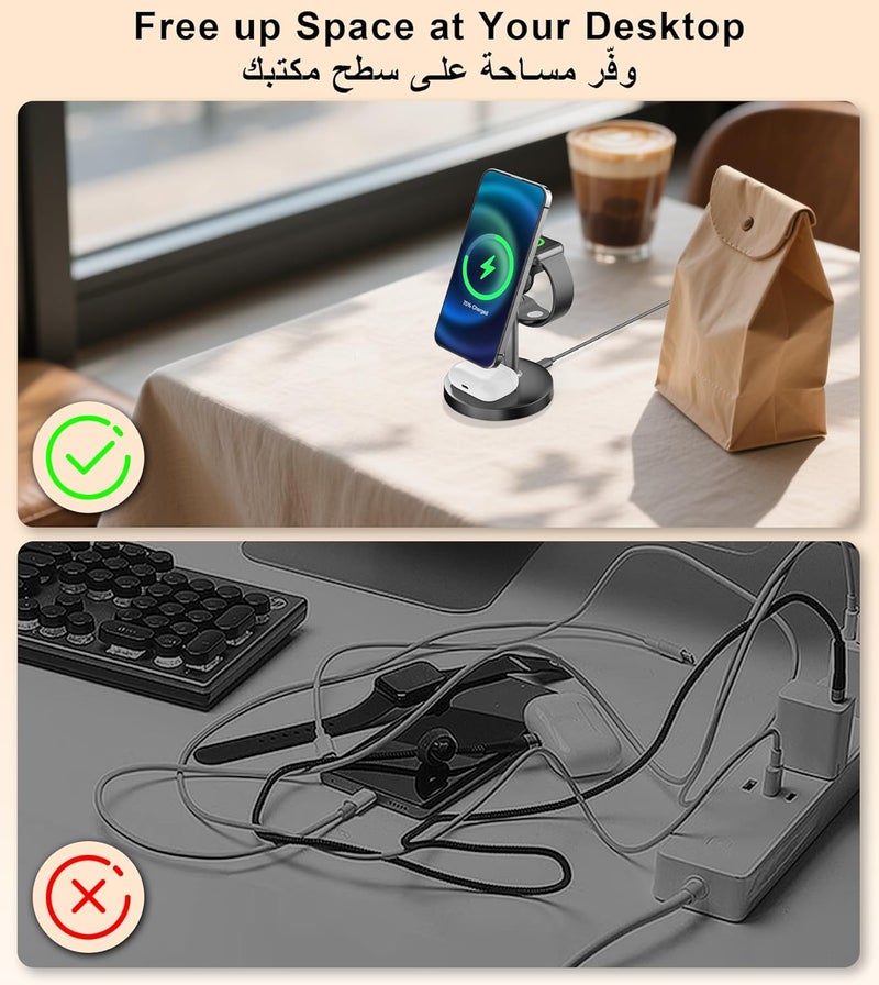XXZU شاحن XXZU اللاسلكي 3 في 1 المتوافق مع Magsafe، حامل شحن لاسلكي مغناطيسي محمول Qi2 بقوة 25 واط للشحن السريع، متوافق مع iPhone 17 16 15 14 13 Pro Max Plus / Apple Watch Series / Airpods - Image 5