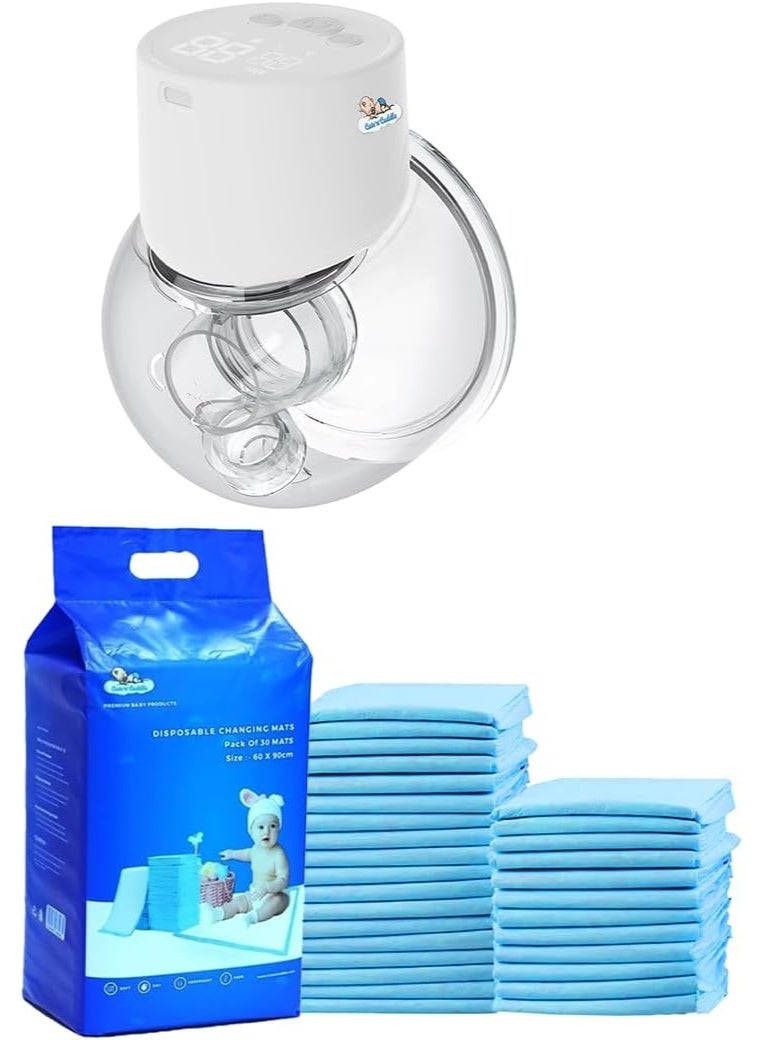 لطف وحضن جهاز شفط الحليب الكهربائي مع 150 فوط تغيير للأطفال القابلة للاستخدام مرة واحدة | مضغوط، منخفض الضوضاء، مزود بشاشة LED وقابلية الحمل | فوط حفاضات مقاومة للماء مقاس 60×90 سم (أزرق) - Image 1