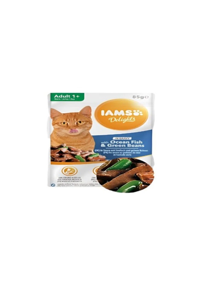 إيامز IAMS Delights سمك المحيط البالغ والفاصوليا الخضراء في المرق 85 جرام