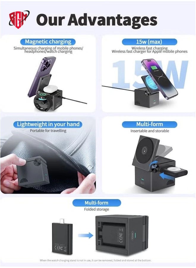 BGM - 3-in-1 Cube with MagSafe - 15W Fast Charging Foldable Wireless Charger Station for iPhone, Apple Watch, and AirPods Pro - Image 1