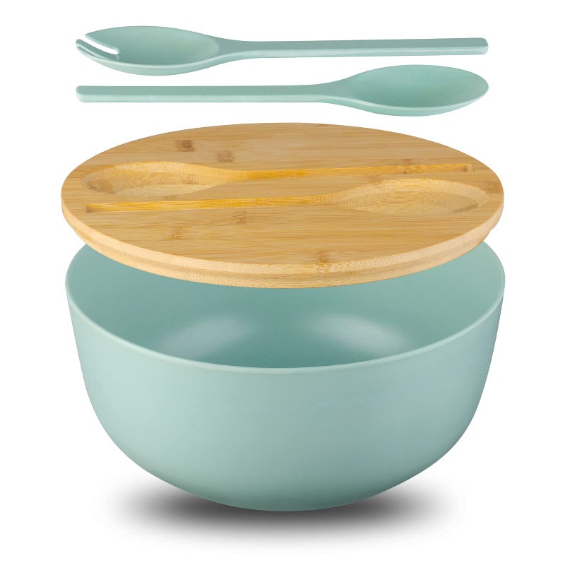 Bamboo Fiber 10  Large Salad Serving Bowl Set with Wooden Lid  Servers 35Qt Big Bowl with Utensils for Mixing SaladFruitPastaLightweight  Dishwasher Safe Ideal Gift for Home  Teal Color