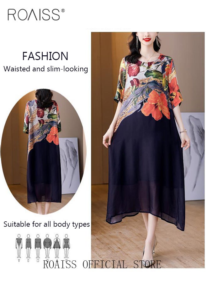roaiss Women Light Floral Dress Women Korean Elegant Loose Waist Dress Summer Vintage Ladies Loose Summer Dress Lapel Crew Neck Short Sleeve A-Line Hemline Contrasting Causal Maxi Dresses  - Image 3