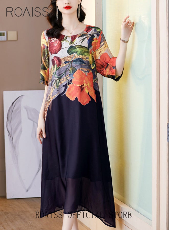 roaiss Women Light Floral Dress Women Korean Elegant Loose Waist Dress Summer Vintage Ladies Loose Summer Dress Lapel Crew Neck Short Sleeve A-Line Hemline Contrasting Causal Maxi Dresses  - Image 2