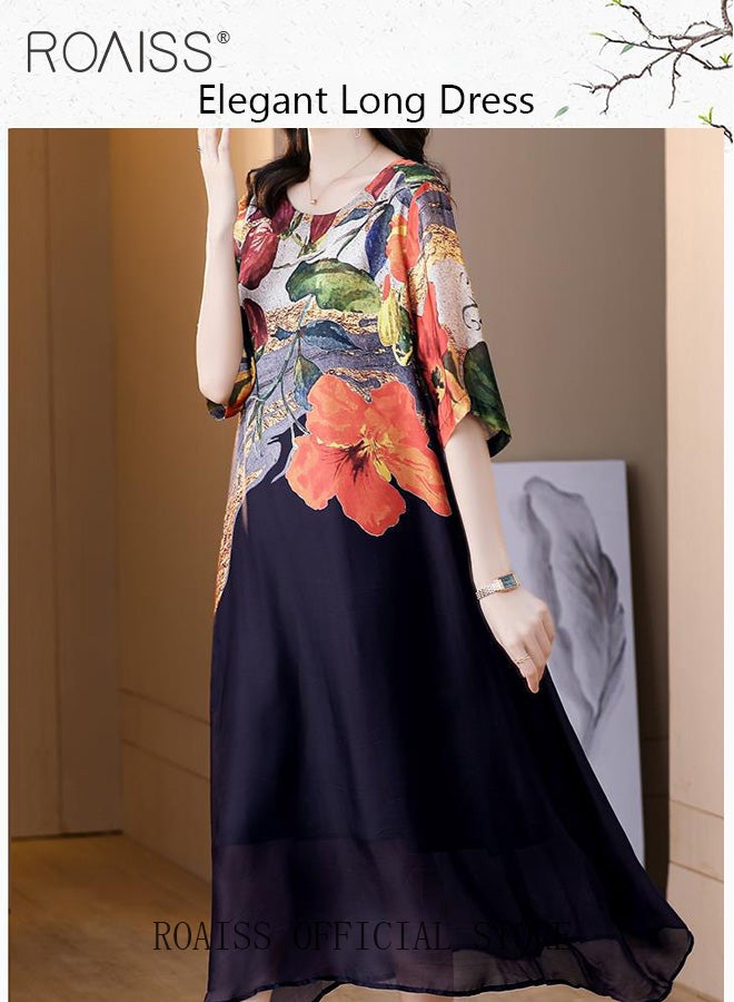 roaiss Women Light Floral Dress Women Korean Elegant Loose Waist Dress Summer Vintage Ladies Loose Summer Dress Lapel Crew Neck Short Sleeve A-Line Hemline Contrasting Causal Maxi Dresses  - Image 4