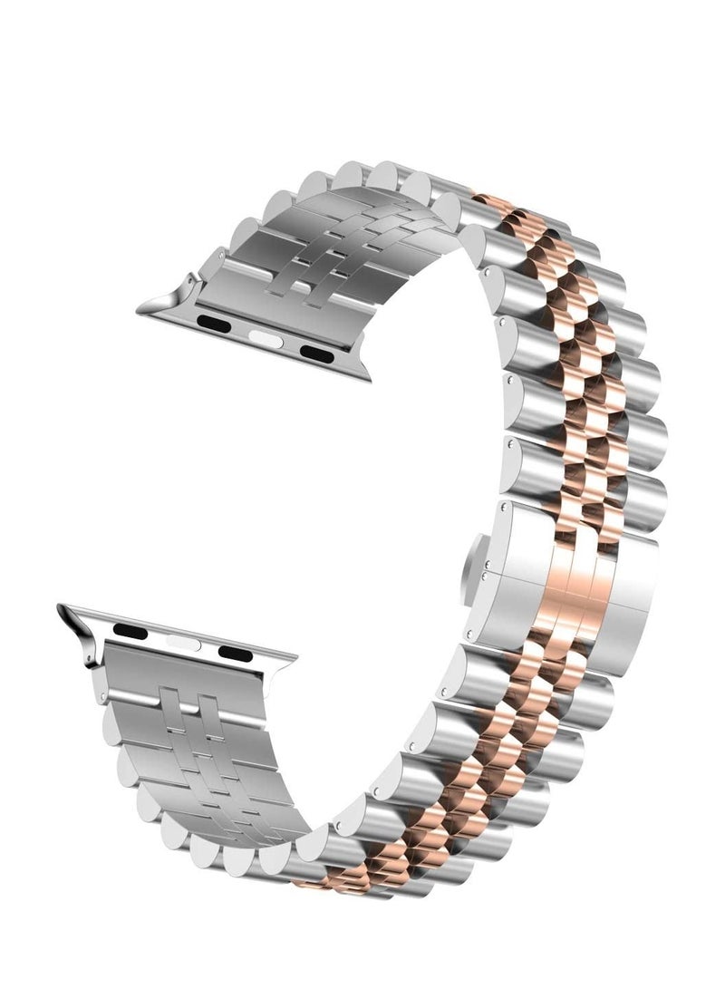 ELTRAZONE Compatible with Apple Watch Band 41mm 40mm 38mm, Stainless Steel Heavy Band with Butterfly Folding Clasp Link Bracelet for iWatch Series8/7/6/SE Series 5/4/3/Men Women ,Silver/Rose Gold  - Image 2