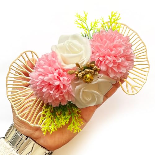 ADIKALA™ Handmade Artificial Carnation & Foam Flower with Gecko Leaf Bunch for Trousseau Packing, Ready to use Flower Brooch Hamper for Decoration, Gift Wrapping Flowers (3, Pink) - Image 1