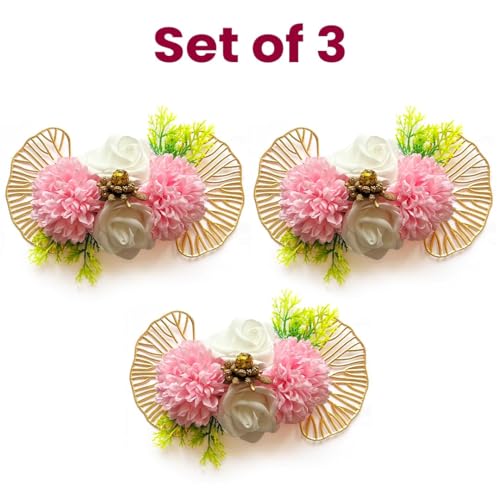 ADIKALA™ Handmade Artificial Carnation & Foam Flower with Gecko Leaf Bunch for Trousseau Packing, Ready to use Flower Brooch Hamper for Decoration, Gift Wrapping Flowers (3, Pink) - Image 2