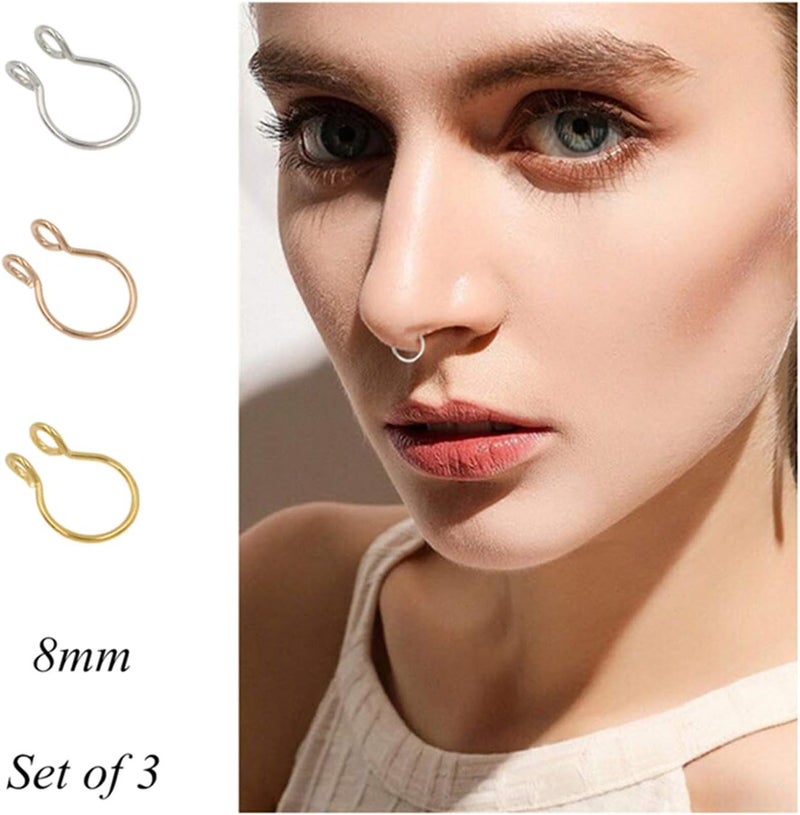 NZDLM Fake Septum Hoop Nose Ring - 20g, 8mm, Clip On, Gold, Rose Gold, Silver, Non-Pierced Faux Body Piercing Jewelry - Image 2