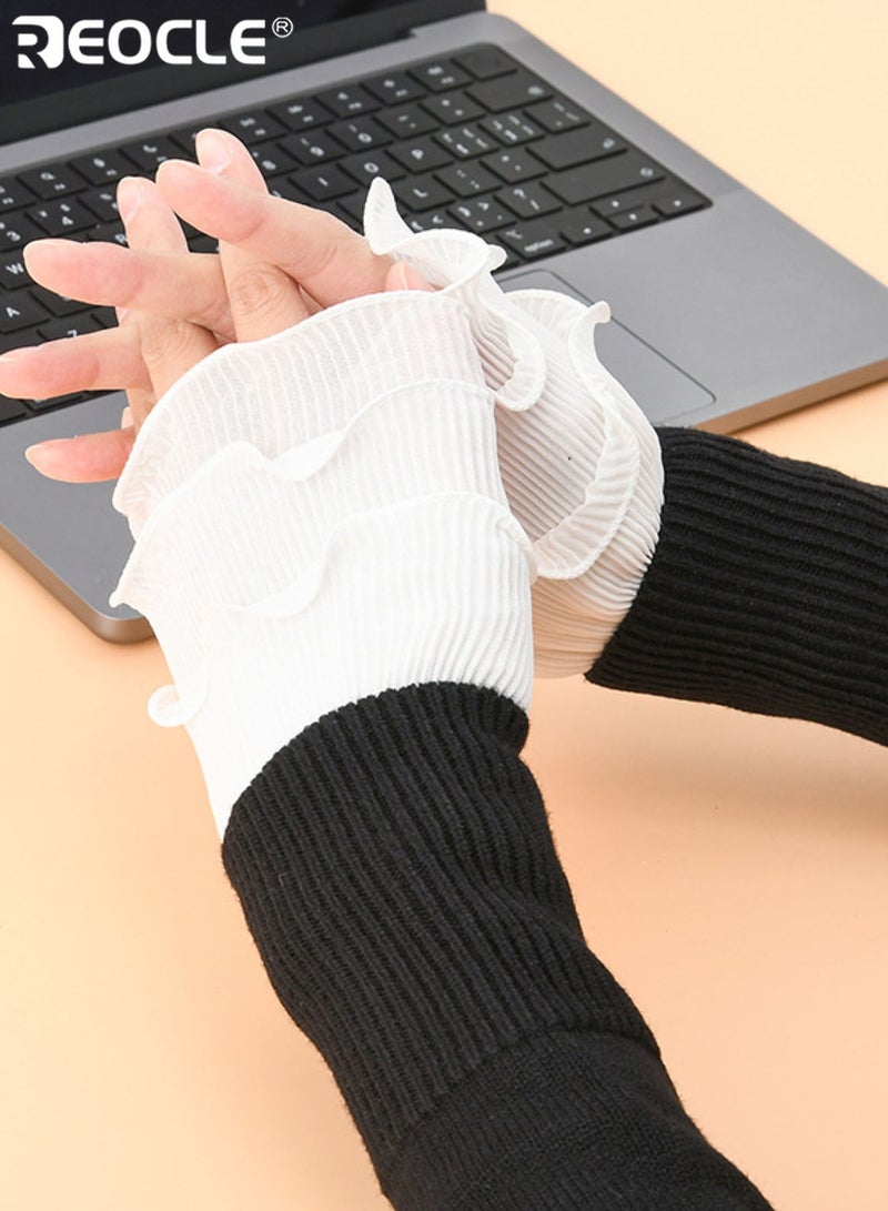 REOCLE Women's Wrist Cuffs Practical Ruffled Ribbed Fingerless Cuffs Comfortable Texture & Scalloped Edge Design for Daily & Office Styling - Image 2