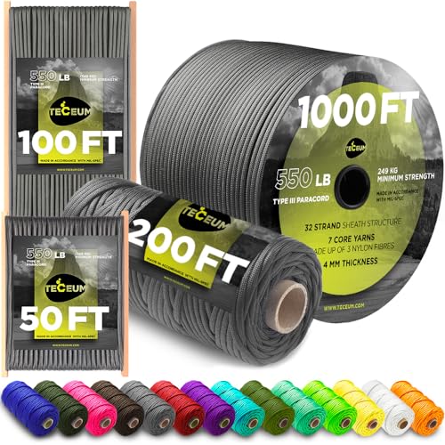 TECEUM Paracord Type III 550 Dark Grey 100 ft 4mm Tactical Rope MILSPEC Outdoor para Cord Camping Hiking Fishing Gear and Equipment EDC Parachute Cord Strong Survival Rope - Image 1