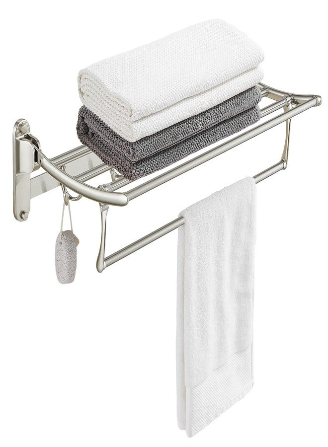 BESy 24 Inch Brushed Nickel Towel Racks, Bathroom Towel Shelf with Foldable Towel Bar Holder and Towel Hooks, Wall Mounted Multifunctional Bathroom Accessories, Double Towel Bars - Image 1
