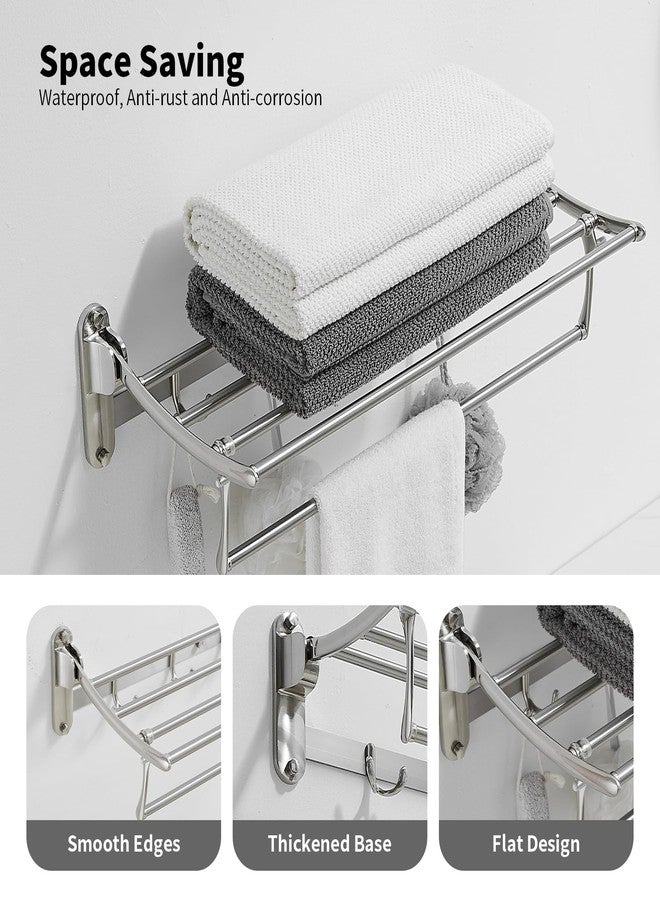 BESy 24 Inch Brushed Nickel Towel Racks, Bathroom Towel Shelf with Foldable Towel Bar Holder and Towel Hooks, Wall Mounted Multifunctional Bathroom Accessories, Double Towel Bars - Image 2