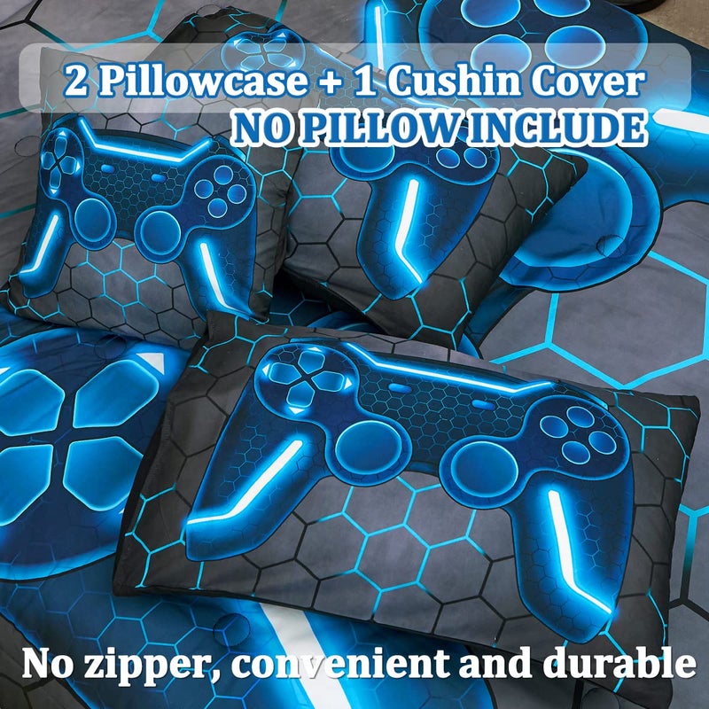 Tasselily Game Console Blue Comforter Set with Sheets, 6 Pcs Bed in A Bag Geometric Lightweight Boys Full Size Bedding Set for Kids Teens - Image 5