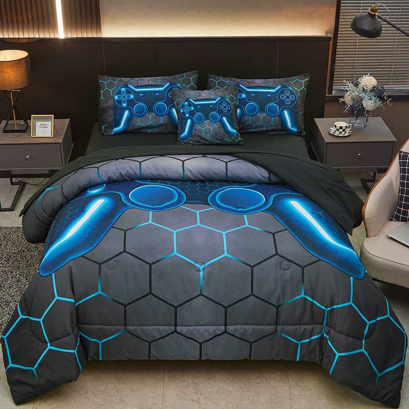 Tasselily Game Console Blue Comforter Set with Sheets, 6 Pcs Bed in A Bag Geometric Lightweight Boys Full Size Bedding Set for Kids Teens - Image 1