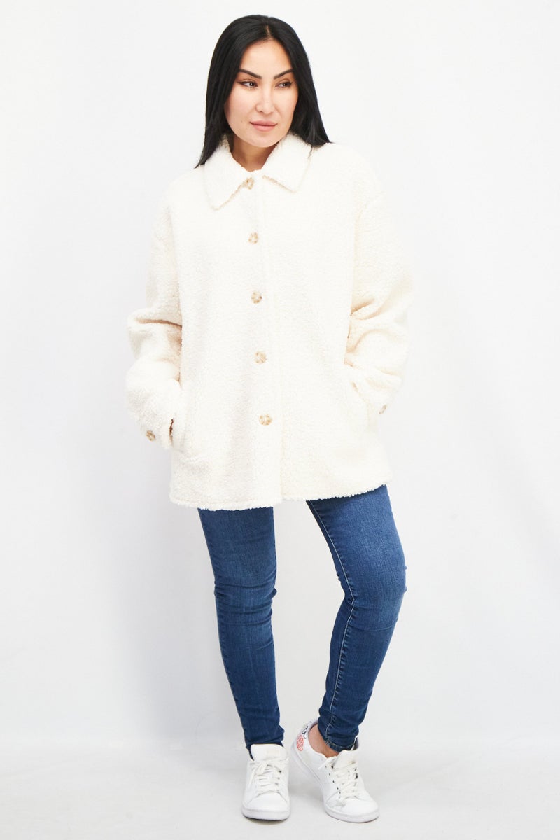 NA-KD Women Spread Collar Long Sleeve Buttoned Teddy Jacket, Cream  - Image 3