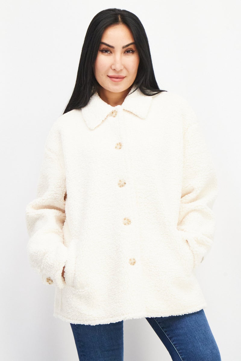 NA-KD Women Spread Collar Long Sleeve Buttoned Teddy Jacket, Cream  - Image 1
