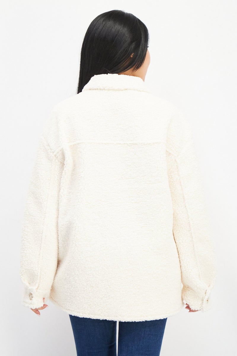 NA-KD Women Spread Collar Long Sleeve Buttoned Teddy Jacket, Cream  - Image 2