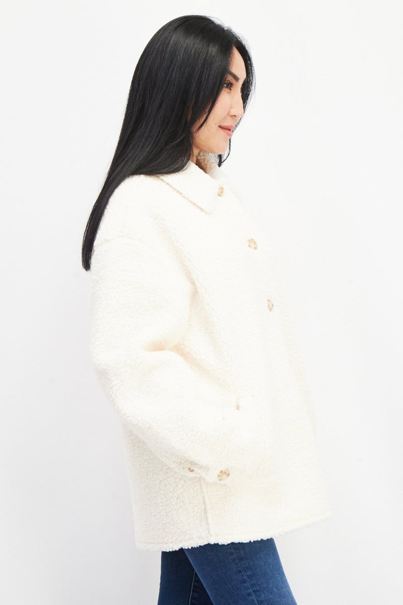 NA-KD Women Spread Collar Long Sleeve Buttoned Teddy Jacket, Cream  - Image 4