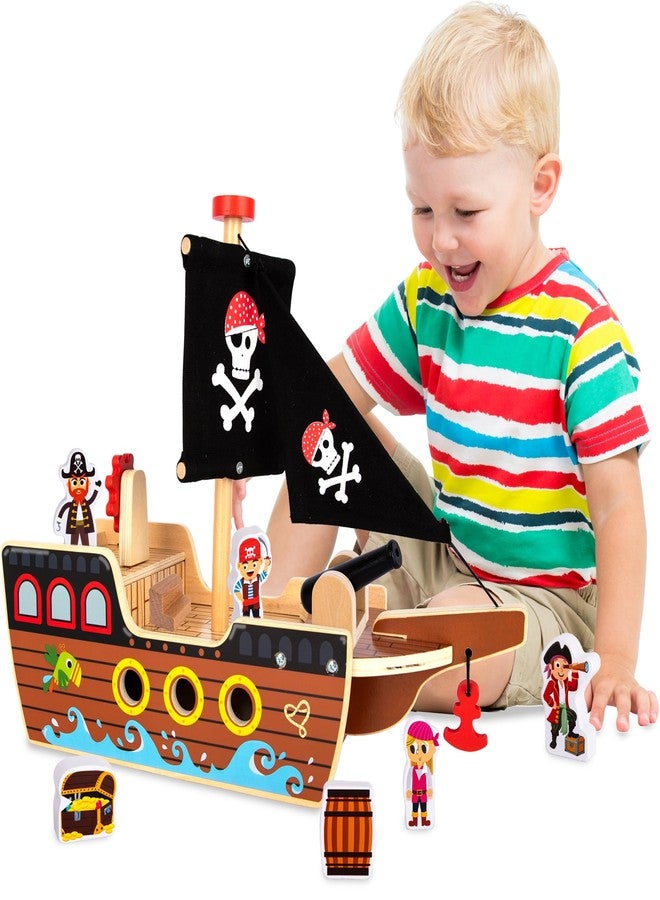 ArtCreativity Wooden Pirate Ship Toy Set for Kids - Pirate Play Set with Wood Ship, Cannon, Barrel, Treasure Chest, Bench, 4 Pirates - Toy Ship for Boys 3-5 - Pirate Gifts for Christmas - Image 1