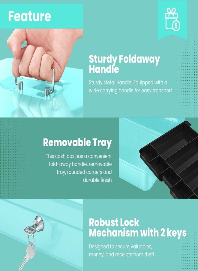فليكسزيون صندوق نقود فليكسزيون مع صينية نقود وقفل - صندوق نقود معدني للشركات الصغيرة، صندوق نقود أزرق اللون بتسعة أقسام مع صينية قابلة للإزالة ومفتاح، تخزين محمول للشيكات والعملات المعدنية - Image 2