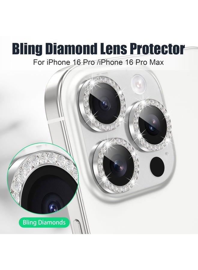 AGVEE 3+3 6 Pack for iPhone 16 Pro 6.3" / 16 Pro Max 6.9" Camera Lens Cover Protector, Bling Diamond & Bling Glitter Metal Ring 9H Tempered HD Glass Camera Cover Protector Film, Bling-Silver - Image 4