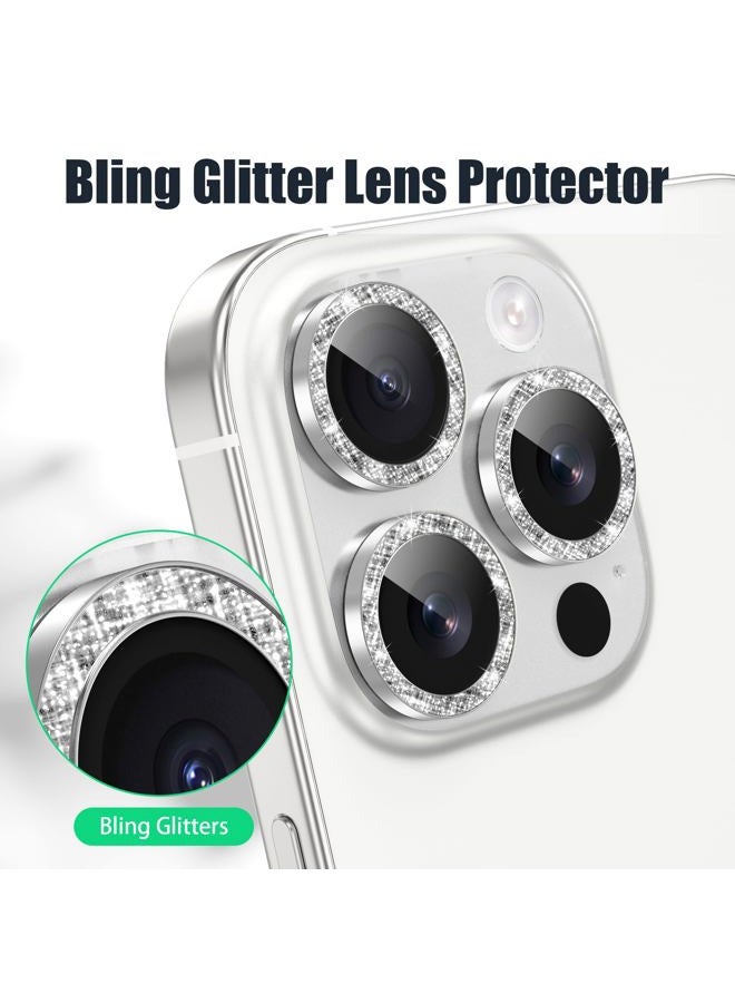 AGVEE 3+3 6 Pack for iPhone 16 Pro 6.3" / 16 Pro Max 6.9" Camera Lens Cover Protector, Bling Diamond & Bling Glitter Metal Ring 9H Tempered HD Glass Camera Cover Protector Film, Bling-Silver - Image 5