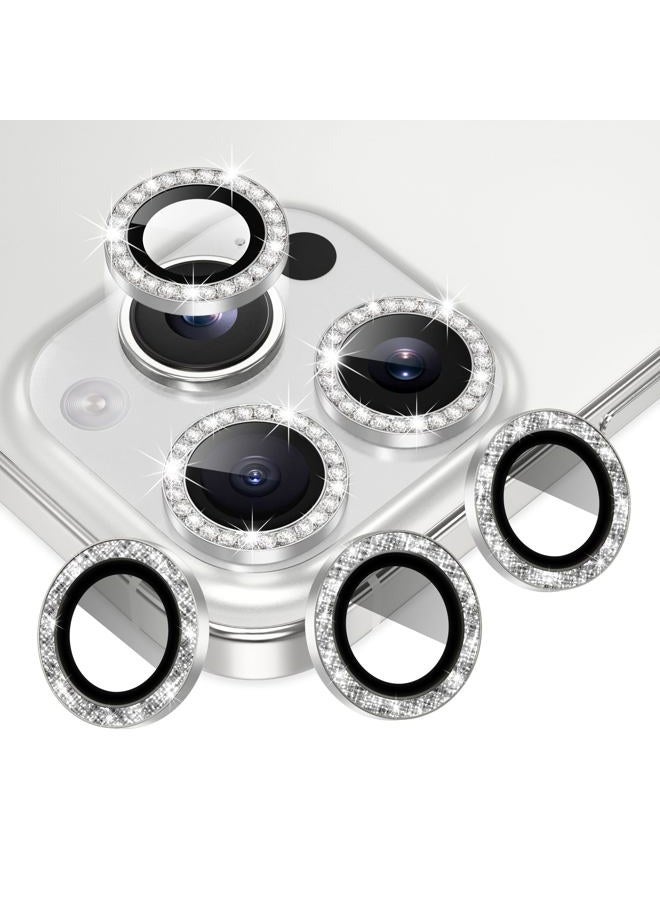 AGVEE 3+3 6 Pack for iPhone 16 Pro 6.3" / 16 Pro Max 6.9" Camera Lens Cover Protector, Bling Diamond & Bling Glitter Metal Ring 9H Tempered HD Glass Camera Cover Protector Film, Bling-Silver - Image 1