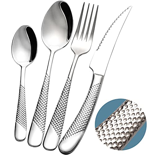 Xideman 16-Piece ​Modern Hammered Cutlery Set with Ultra Sharp 2-in-1 Serrated Knife, 18/10 Stainless Steel Silverware Flatware Set Service for 4, Tableware Utensil, Forks Spoons Knives Set - Image 1