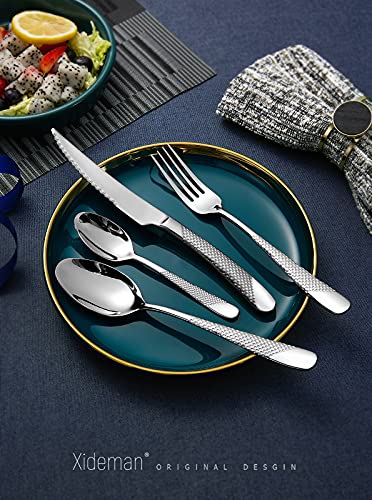 Xideman 16-Piece ​Modern Hammered Cutlery Set with Ultra Sharp 2-in-1 Serrated Knife, 18/10 Stainless Steel Silverware Flatware Set Service for 4, Tableware Utensil, Forks Spoons Knives Set - Image 2