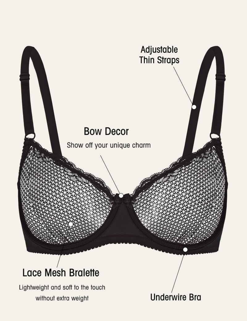 Wingslove Women's Sexy 1/2 Cup Lace Bra Balconette Mesh Underwired Demi Shelf Bra Unlined See Through Bralette (Black, 34B) - Image 4