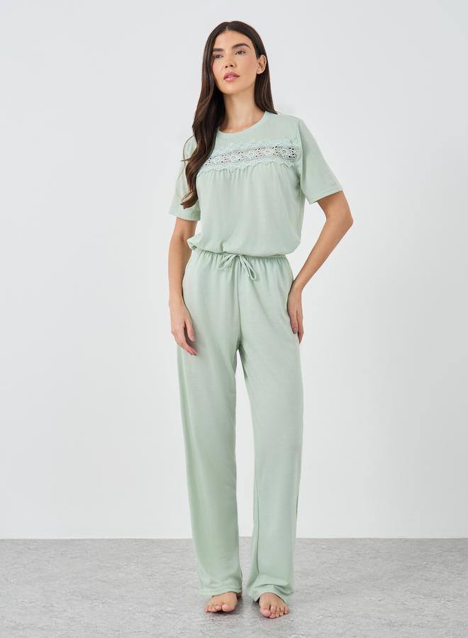 Styli Lace Insert Short Sleeve T-Shirt and Pyjama Set - Image 2