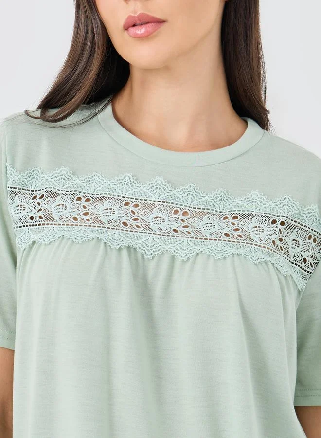 Styli Styli Lace Insert Short Sleeve T-Shirt and Pyjama Set