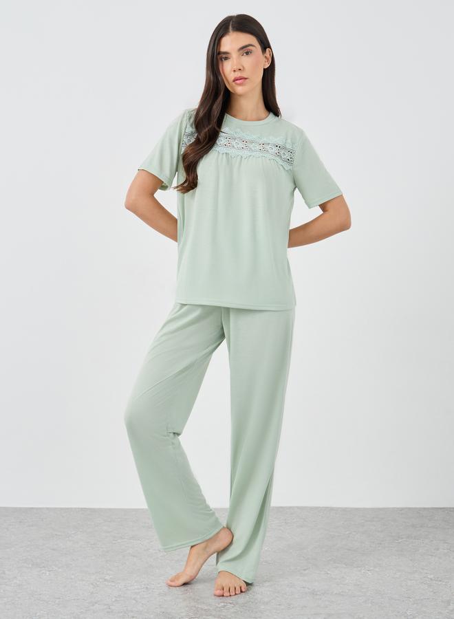 Styli Lace Insert Short Sleeve T-Shirt and Pyjama Set - Image 1