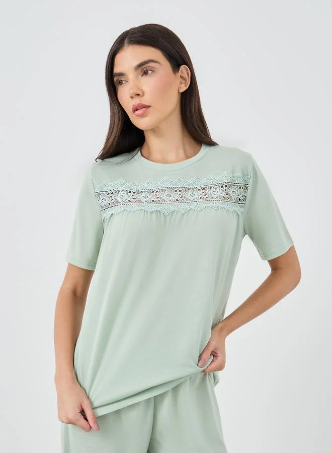 Styli Styli Lace Insert Short Sleeve T-Shirt and Pyjama Set