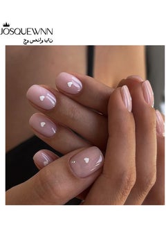JOSQUEWNN Press on nails,24pcs,Stylish Minimalist Nude Press-On Nails with White Heart Design, Mini Nail Tips Perfectly Showcasing Elegance and Cuteness, Fake Acrylic Nails With Glue Kit.  - Image 1