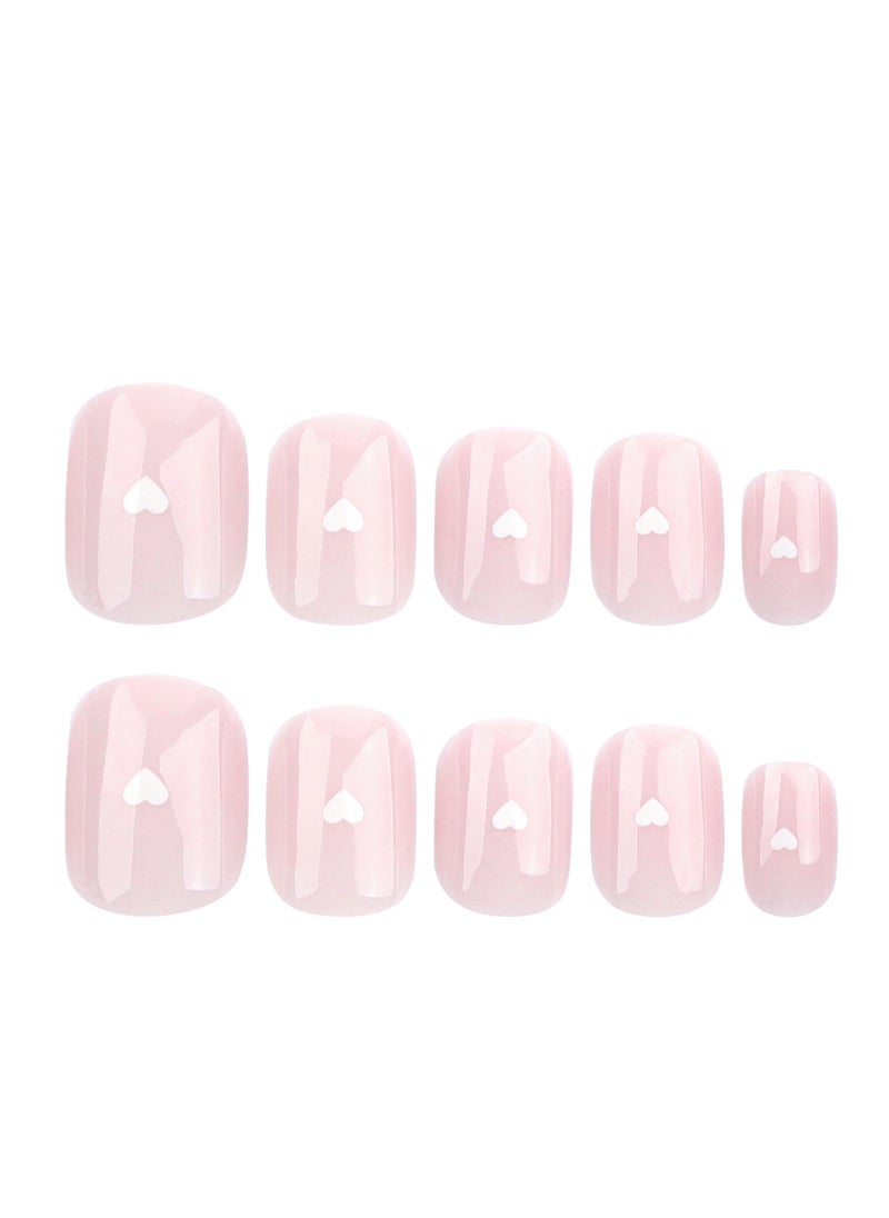 JOSQUEWNN - Press on nails,24pcs,Stylish Minimalist Nude Press-On Nails with White Heart Design, Mini Nail Tips Perfectly Showcasing Elegance and Cuteness, Fake Acrylic Nails With Glue Kit. - Image 1