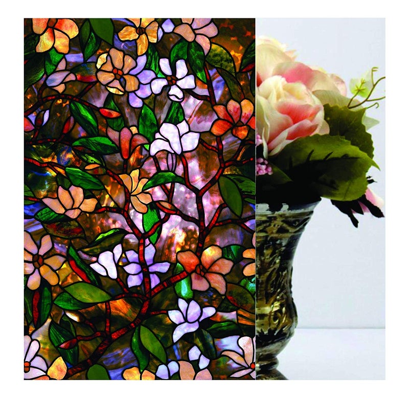 Elton 3D Window Films Privacy Film Self Adhesive Decorative Film for Bathroom Door Window Heat Control Anti UV (GreenFlower) 16x144 Inches - Image 1
