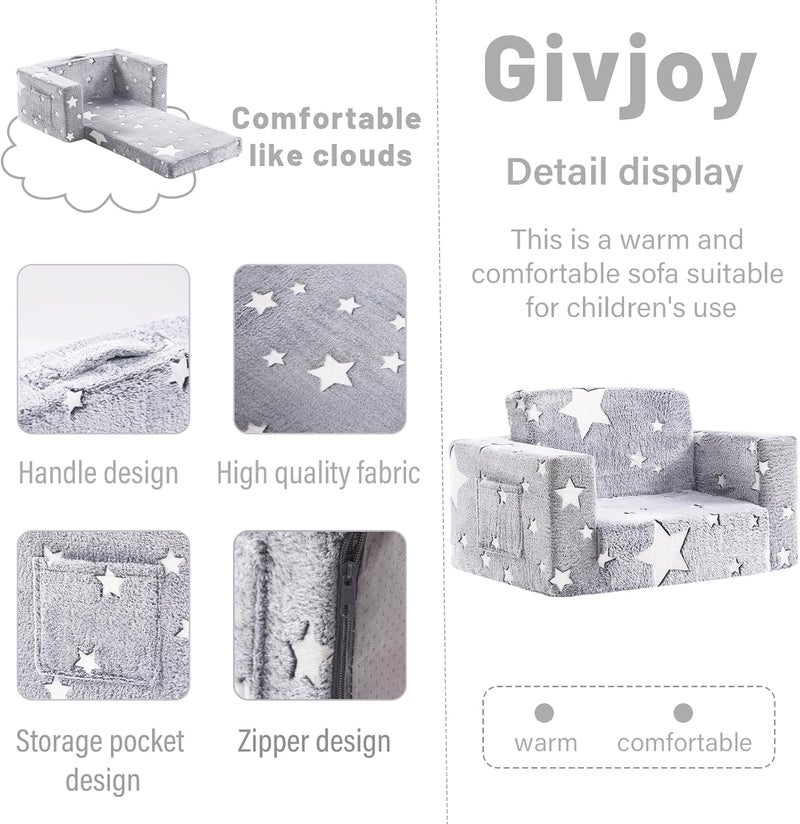 Givjoy كرسي الأطفال الصغار أريكة أطفال فخمة، كرسي ذو ذراعين مريح يتوهج في الظلام 2 في 1 مع غطاء قابل للإزالة والغسل ومقبض حمل، كرسي قراءة للأطفال أريكة الأطفال الصغار لغرفة اللعب، للبنات والبنين، نجمة رمادية - Image 4
