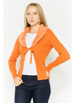 NEW LOOK Women Tie Neck Long Sleeve Ribbed Cardigan, Orange  - Image 1