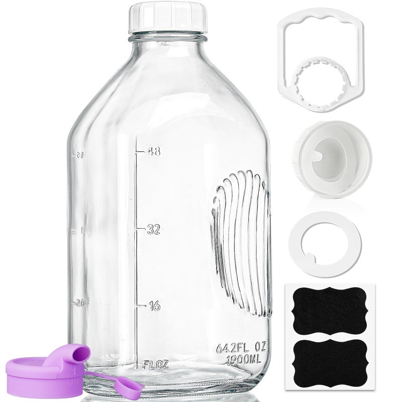 Ritayedet 64 Oz Heavy Duty Glass Milk Bottle with Reusable Airtight Strong SCREW LID  12 Gallon Water Bottles with Scale Lines  2 Qt Glass Milk Jug Pitcher  Extra Gaskets  Handle